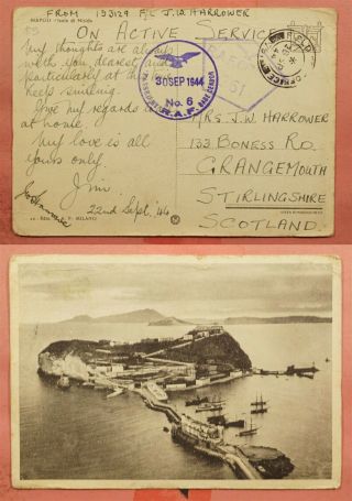 1944 Australia Oas Fpo Cancel Postcard To Scotland Wwii R.  A.  F.  Base Censored