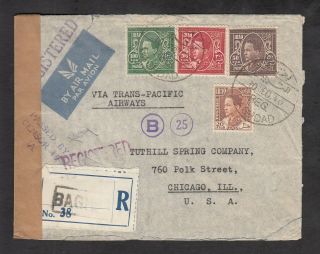 Iraq 1940 Ww2 Era Registered Censor Air Mail Cover To The Usa