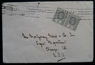 Rare 1937 Fiji Cover Ties 2 X 2d Kgv Stamps Canc Suva To Chicago Usa