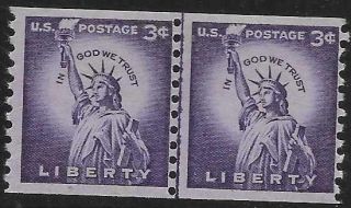 Scott 1057 Us Stamp 1954 3c Statue Of Liberty Mnh Liberty Series Line Coil Pair