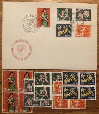 Switzerland Stamps 1962 Pro Juventute Fdc Plus Blocks Of 4 Mnh