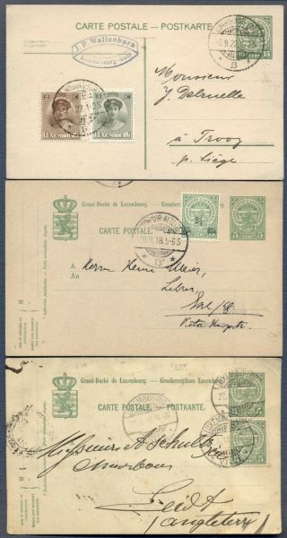 Luxembourg: 3 Uprated Postal Stationery Cards,  1910,  1918 & 1922