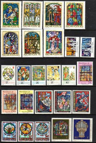 World Stamps Stained Glass Thematic 25 Stamps Unhinged