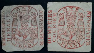 Rare 1852 Great Britain Dumfries Courier One Penny Newspaper Stamps