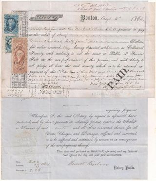 2 Notes Promissory Stamped Paid 8/5/1863,  Non - Payment 10/7/1863 N.  Y.  & Bos R.  R.