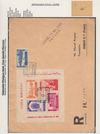 Spanish Morocco,  1937 Miniature Sheet Registered Censor Cover To France