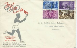 Gb 1948 Olympic Games Set (4) On Illustrated Fdc With Cardiff Wavy Line Fdi