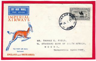 Sudan Airmail 1932 Imperial Airways First Flight Cover Juba To Moshi Scarce