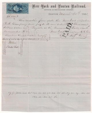 Note York & Boston Rr.  1863 Imperforate $1.  50 Inland Exchange Stamp