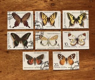 Russian Soviet Ussr Stamps Full Set Of 8 Stamps Nature Butterflies 1987