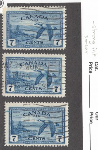 Canada: C9 7c Goose Airmail,  (x3) Ink Smear Variety Lot