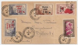 1943 Madagascar To Somali Coast Cover,  France Libre Ovptd Stamps