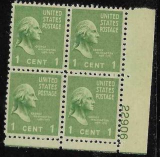 Scott 804 Us Stamp 1938 1c Washington Mnh Prexie Plate Block Of 4 Lr22906