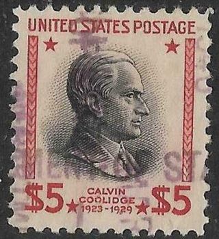 Xsa026 Scott 834 Us Stamp 1938 $5 Calvin Coolidge Prexie