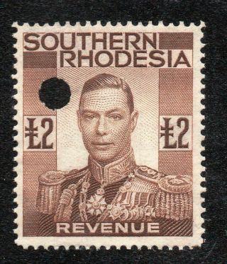 1937 Kgv1 Southern Rhodesia Bft:22 £2 Brown Perf.  Revenue Proof.