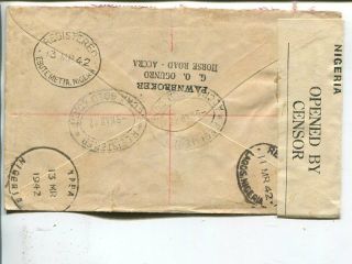 Gold Coast reg censor air mail cover to Nigeria 1942 2
