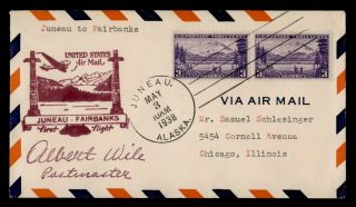 Dr Who 1938 Juneau To Fairbanks Ak First Flight Air Mail Pair C123989