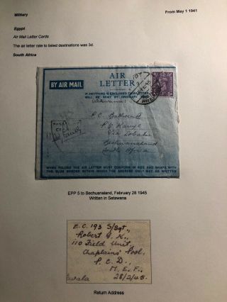 1945 Egypt Air Letter Censored Cover To Bechuanaland
