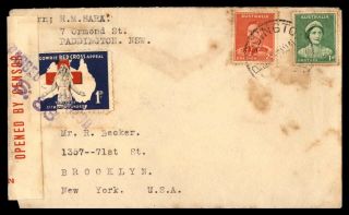 Australia Red Cross Stamp Tied 1941 Censored Wwii Cover To Us York