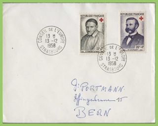 France 1958 Red Cross Set On Cover,  Council Of Europe Strasbourg Cancel