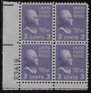 Scott 807 Us Stamp 1938 3c Jefferson Mnh Preie Plate Block Of 4ll23419