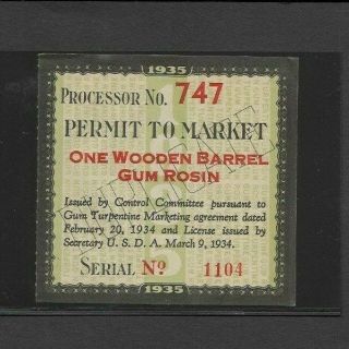 U.  S.  1935 U.  S.  D.  A.  Permit To Market One Wooden Barrel Gum Rosin