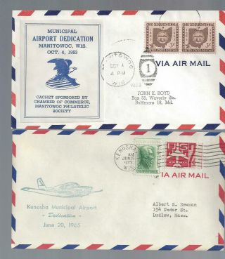2 Wisconsin Airport Dedication Covers; 1953 Manitowoc (seal) & 1965 Kenosha