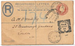 London 1902 Postal Stationery 3d Regd Env.  North Finchley Squared Circle.