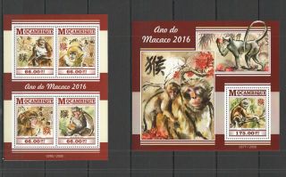 St2255 2015 Mozambique Art Animals Years Of Monkey 2016 Kb,  Bl Mnh