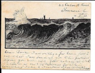 Gb Handrawn 1903 Card Ships / Waves Posted From Greenwich