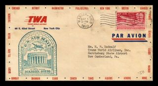 Dr Jim Stamps Us Marion Ohio First Flight Air Mail Monarch Size Cover 1950
