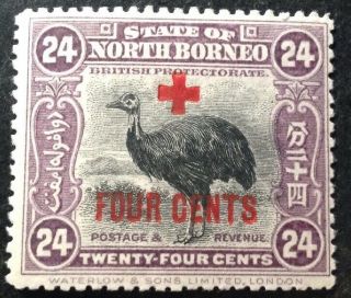 North Borneo 1918 4 Cents Red Cross On 24 Cents Mauve Stamp Hinged