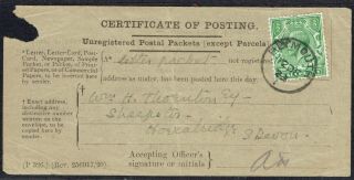 1923 Plymouth Devon Certificate Of Posting Unregsterd Postal Pckts With ½d Green