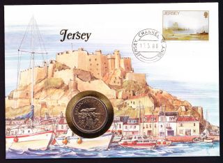 1988 Jersey Stamp & Coin On Cover Ships Boats Seaside Castle Building Theme