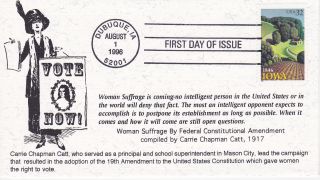1996 First Day Cover Fdc Iowa Statehood Carrie Chapman Catt Women 