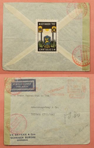 Netherlands Indies Patriotic Label 1940 Meter Airmail To Usa Wwii Censored