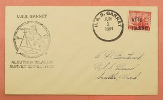 1934 Naval Uss Gannet Ship Aleutian Islands Survey Expedition Attu Island Cancel