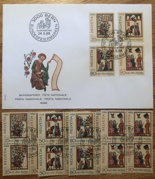 Switzerland Stamps 1988 Pro Patria Fdc Plus Blocks Of 4 Fd Cxl