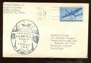 Us Fam 27 First Flight Cover 1946 Nyc To Rome,  Italy With Backstamp