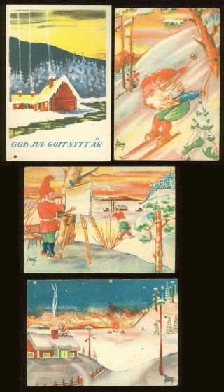 Christmas B20 Year Greeting 4 Cards Pre 1950 Sweden Gnomes