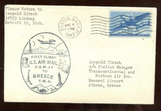 Us Fam 27 First Flight Cover 1946 Boston,  Mass To Athens,  Greece With Backstamp