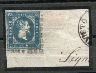 Sardinia Italian States 1851,  20 C.  Blue,  Sc.  2 On Piece,  4 - Margins,  Cv 160$