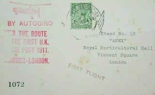 GREAT BRITAIN 1934 AUTO GIRO HELICOPTER POST CARD,  WINDSOR FLIGHT AIRMAIL LABEL 2