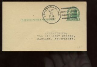 Us Mid - West Postal Card 1931 Braceville,  Illinois To Oakland,  Calif