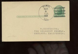 Us Mid - West Postal Card 1931 Wing,  Illinois To Oakland,  Calif