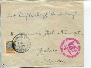 Germany Zeppelin Olympiafahrt Cover To Sweden 1.  8.  1936