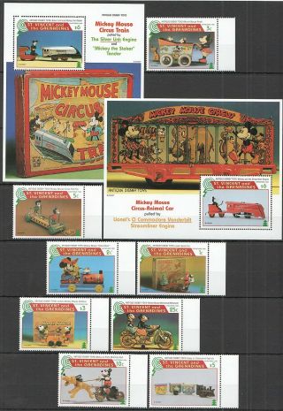 G080 St.  Vincent Antique Disney Toys Mickey Mouse Circus Trains 2bl,  1set Mnh