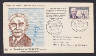 France 1956 Olympic Stamp Coubertin Yvert 1088 On First Day Cover Fdc.  X1137
