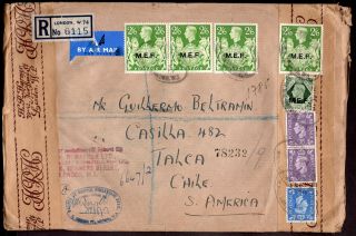 Uk Gb To Chile Registered Air Mail Cover 1951 Philatelic Censor London - Talca