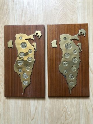 Two Bahrain Maps Brass On Teak 70’s